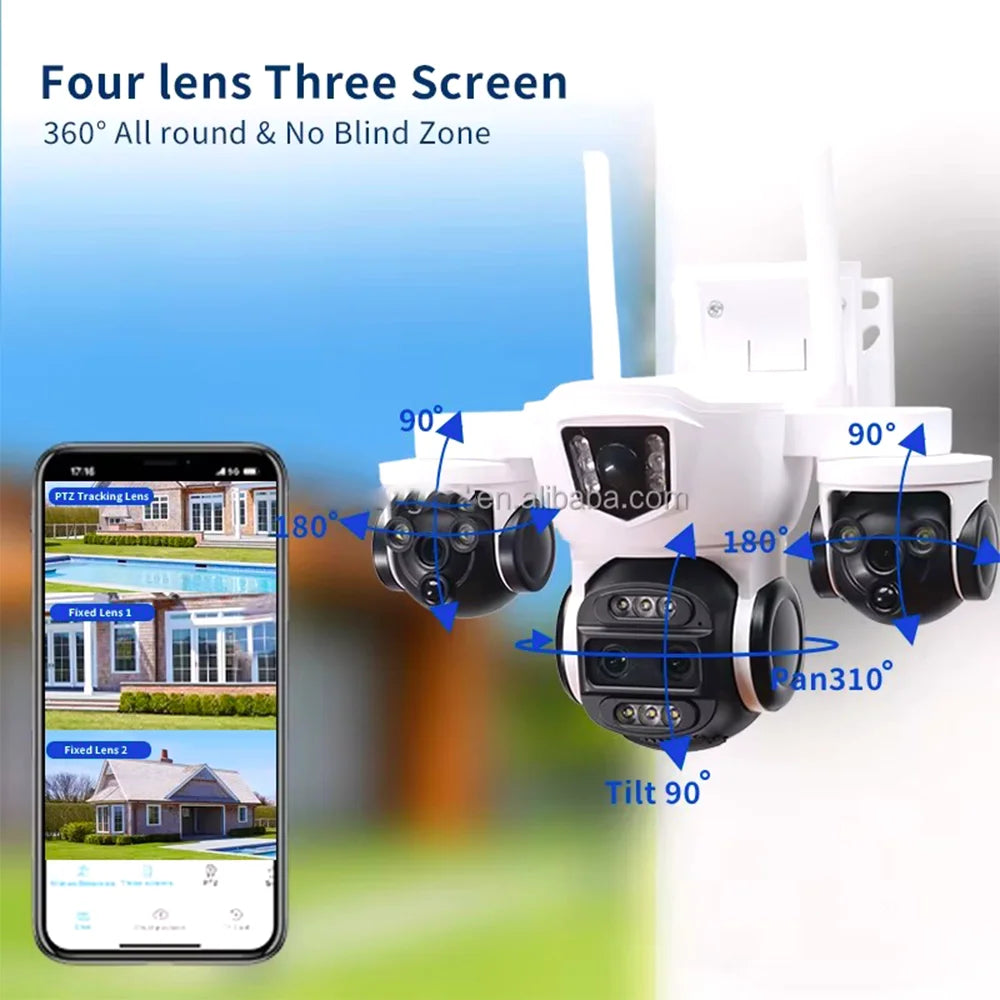 Caméra solaire PTZ WiFi DIFANG 12MP 4G, affichage à 3 écrans Zoom 10X, sécurité extérieure sans fil complète, aucun câble d'alimentation nécessaire