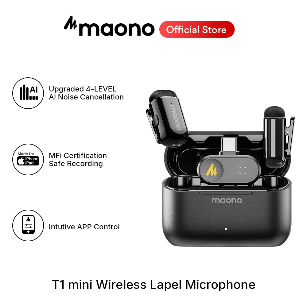 Microphone cravate sans fil Maono T1mini pour téléphone - Réduction du bruit, fonction de coupe automatique, configuration via application, enregistrement audio et vidéo