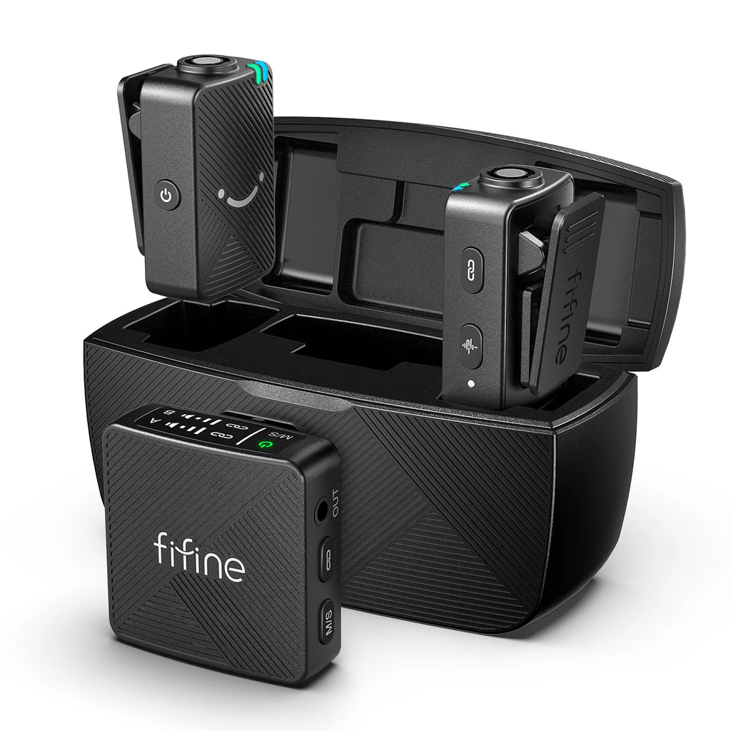 FIFINE-Microphone Lavalier sans fil, transmission 656 pieds, autonomie de la batterie 7h, micro antibruit pour iPhone, Android, appareil photo, ordinateur portable M9