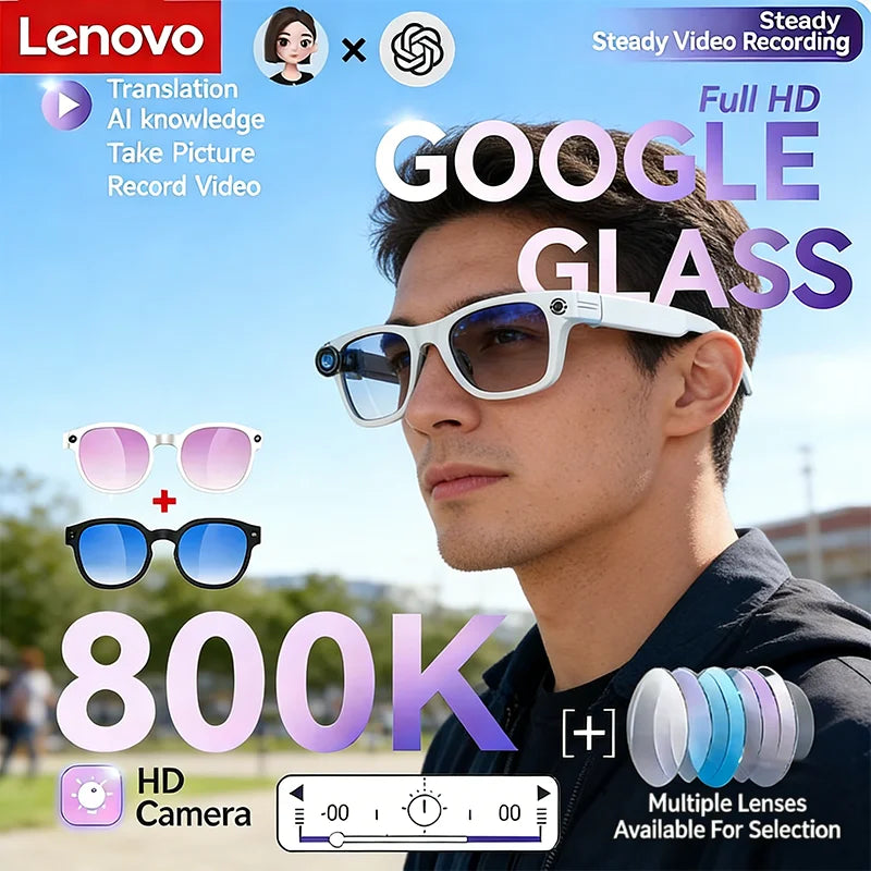 Lunettes Intelligentes IA Lenovo avec Caméra HD 8K, Enregistrement Vidéo, Traduction IA Multifonctionnelle, Conversation Visuelle et Lecture Musicale