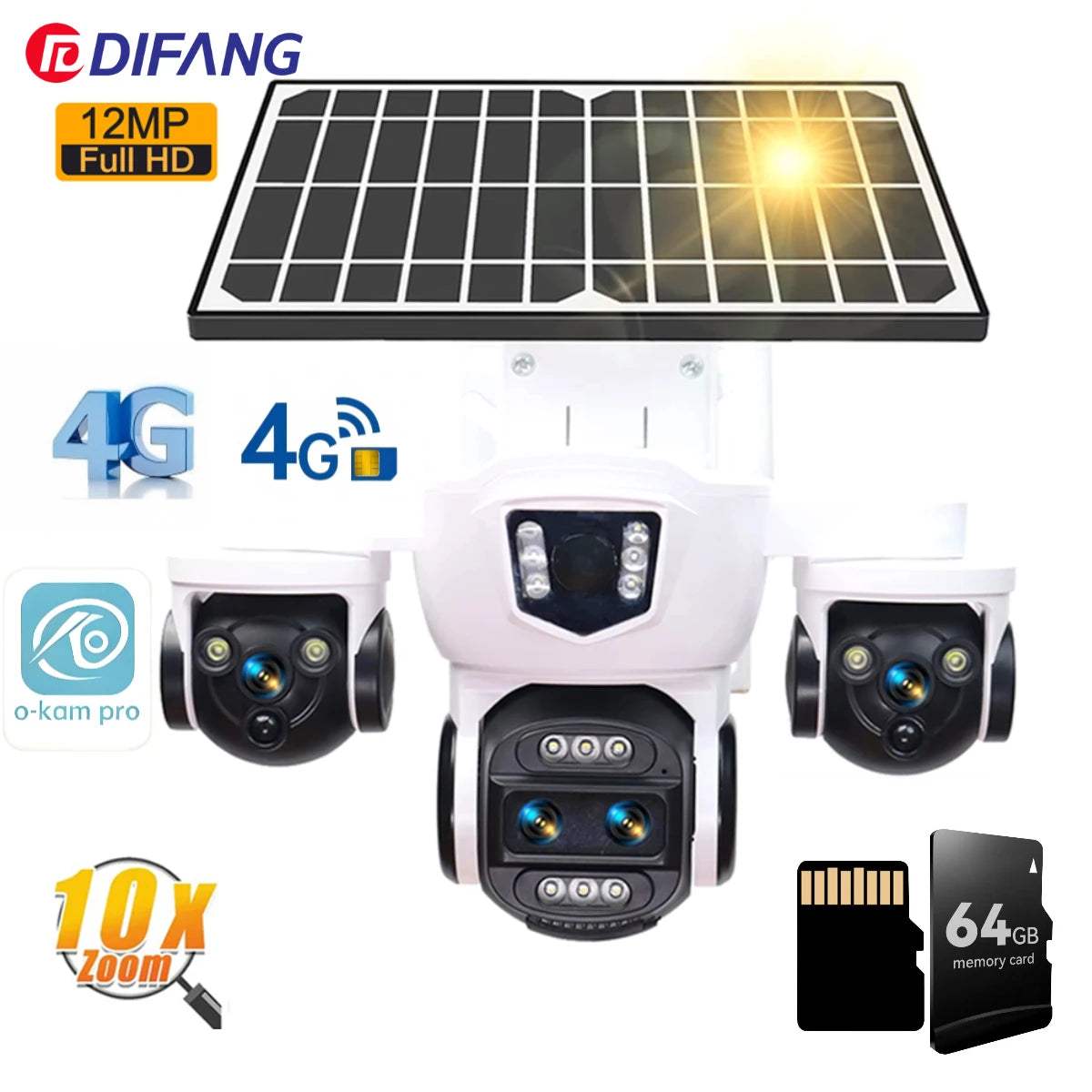 Caméra solaire PTZ WiFi DIFANG 12MP 4G, affichage à 3 écrans Zoom 10X, sécurité extérieure sans fil complète, aucun câble d'alimentation nécessaire
