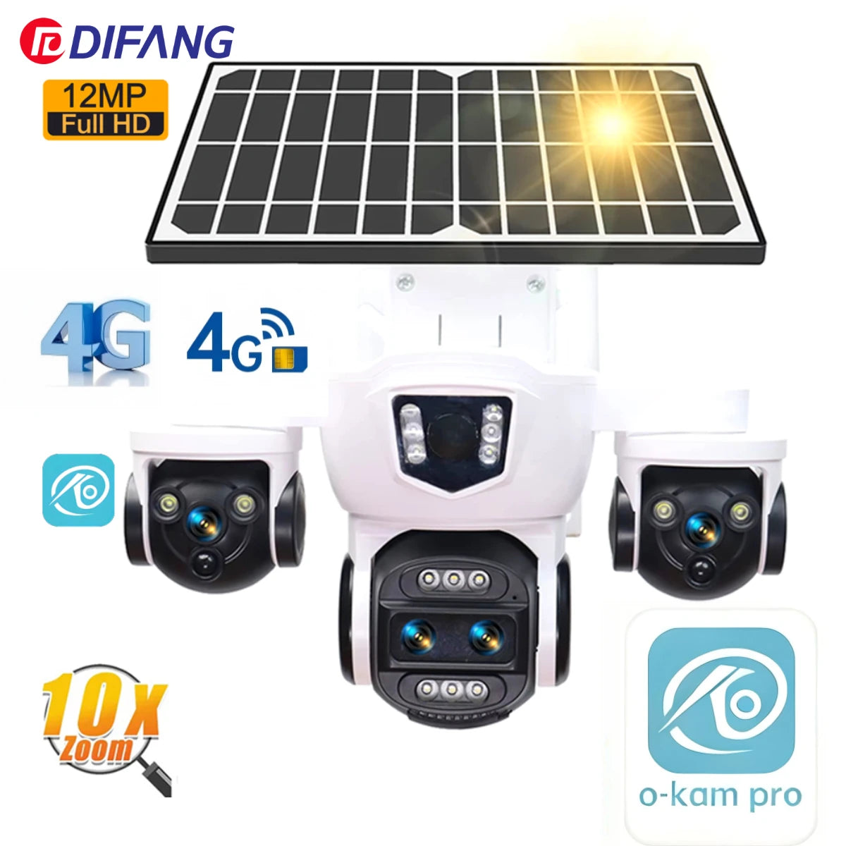 Caméra solaire PTZ WiFi DIFANG 12MP 4G, affichage à 3 écrans Zoom 10X, sécurité extérieure sans fil complète, aucun câble d'alimentation nécessaire