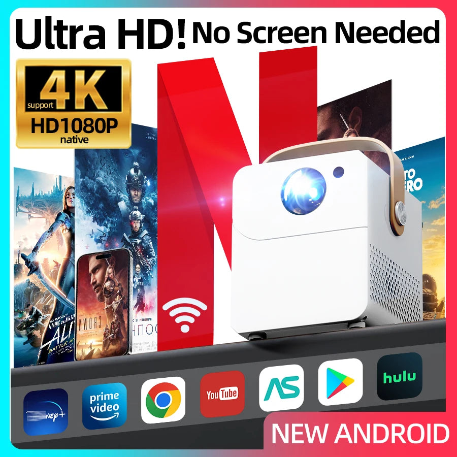 Projecteur intelligent WiFi Android HD 1080P 4K pour cinéma maison, avec fonction de mise en miroir de l'écran du téléphone, cadeau idéal pour les enfants, Noël, la Saint-Valentin
