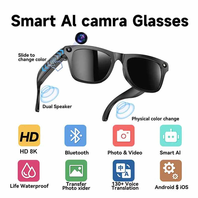 800W HD AI lunettes Bluetooth intelligentes HD prise de vue caméra étanche Photo vidéo appel vocal traduction AI lunettes de caméra intelligente