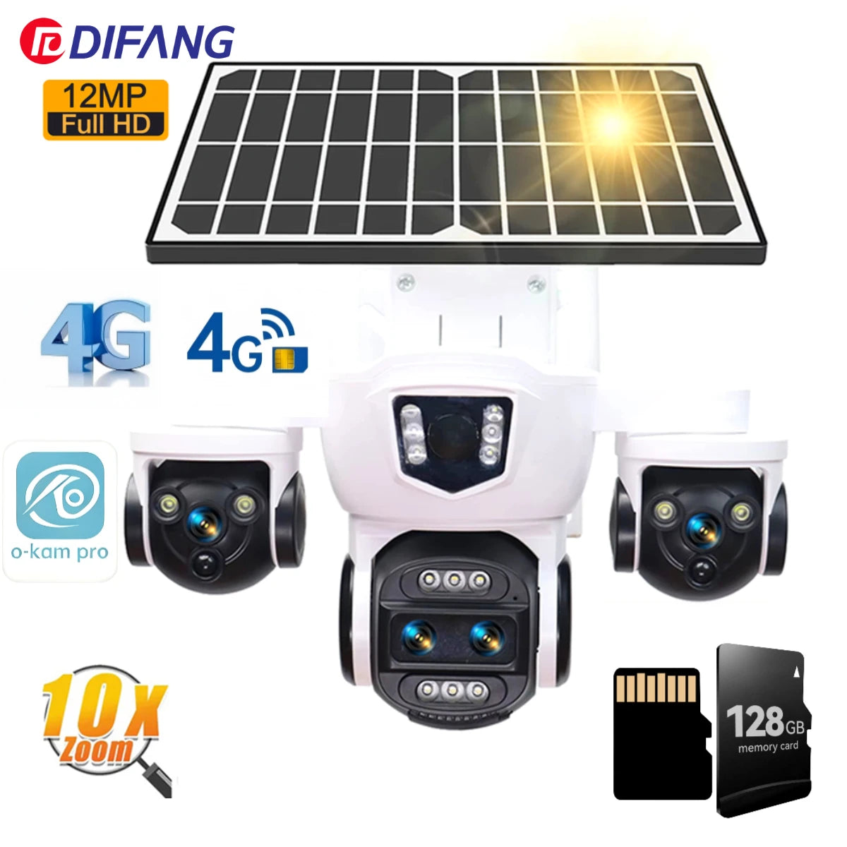Caméra solaire PTZ WiFi DIFANG 12MP 4G, affichage à 3 écrans Zoom 10X, sécurité extérieure sans fil complète, aucun câble d'alimentation nécessaire