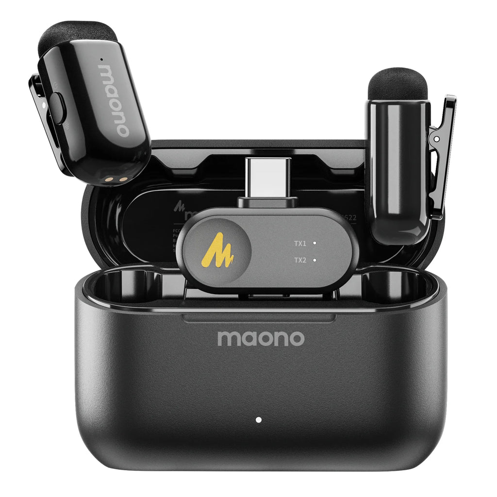 Microphone cravate sans fil Maono T1mini pour téléphone - Réduction du bruit, fonction de coupe automatique, configuration via application, enregistrement audio et vidéo