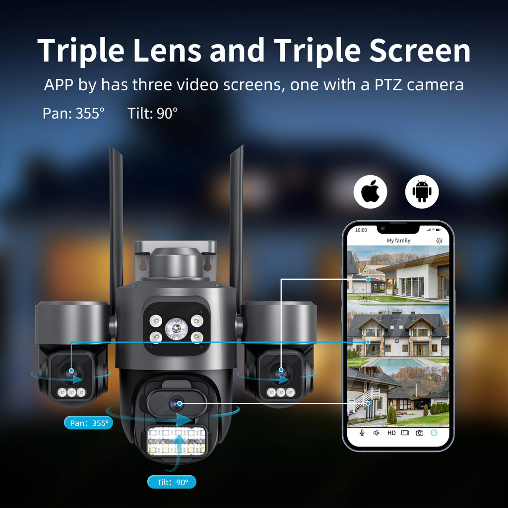 Offre spéciale iCsee 3 objectifs 3 écran WiFi caméra 360 °   CCTV extérieur imperméable de suivi automatique, surveillance ICsee de caméra de sécurité WiFi