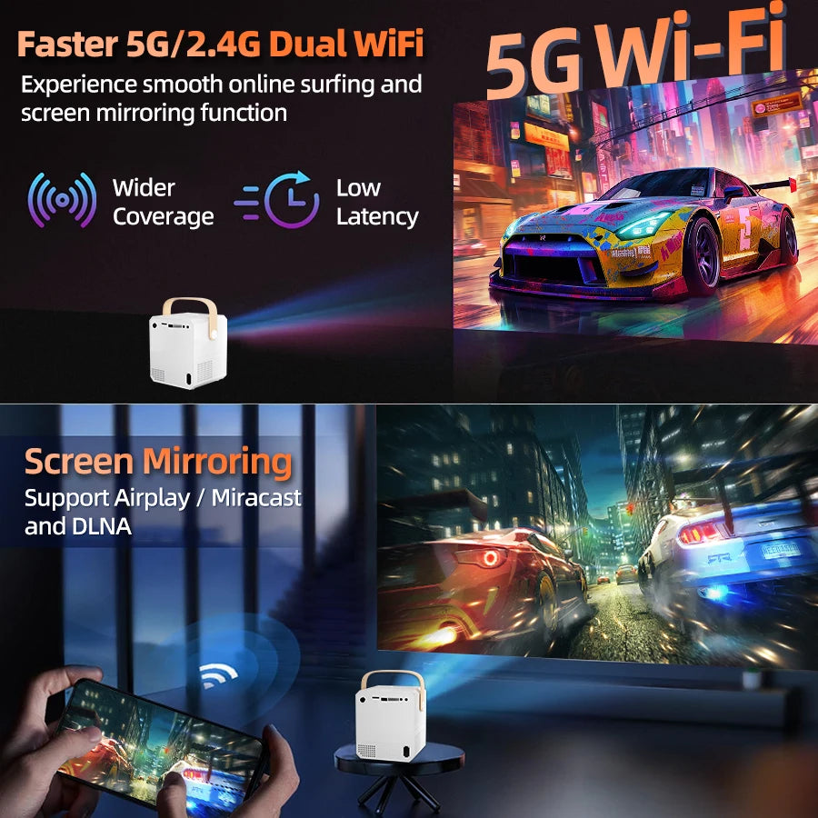 Projecteur intelligent WiFi Android HD 1080P 4K pour cinéma maison, avec fonction de mise en miroir de l'écran du téléphone, cadeau idéal pour les enfants, Noël, la Saint-Valentin