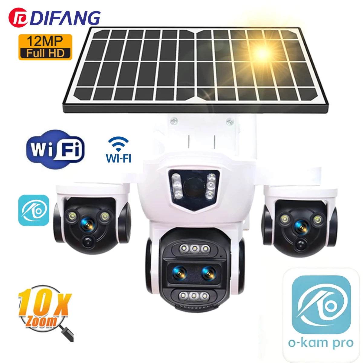 Caméra solaire PTZ WiFi DIFANG 12MP 4G, affichage à 3 écrans Zoom 10X, sécurité extérieure sans fil complète, aucun câble d'alimentation nécessaire