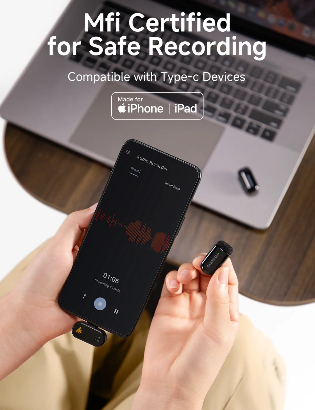 Microphone cravate sans fil Maono T1mini pour téléphone - Réduction du bruit, fonction de coupe automatique, configuration via application, enregistrement audio et vidéo