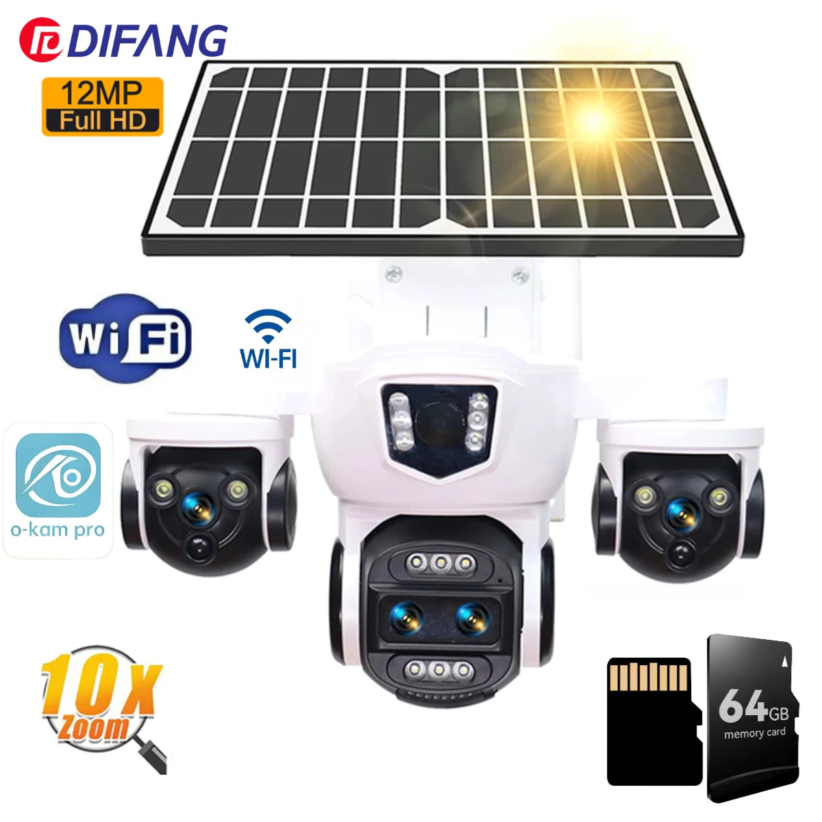 Caméra solaire PTZ WiFi DIFANG 12MP 4G, affichage à 3 écrans Zoom 10X, sécurité extérieure sans fil complète, aucun câble d'alimentation nécessaire