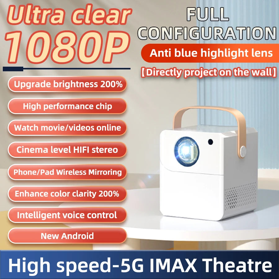 Projecteur intelligent WiFi Android HD 1080P 4K pour cinéma maison, avec fonction de mise en miroir de l'écran du téléphone, cadeau idéal pour les enfants, Noël, la Saint-Valentin